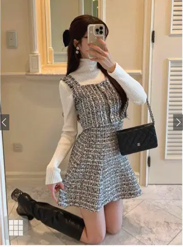 GRL 라메 트위드 뷔스티에 미니 플레어 스커트 셋업 L