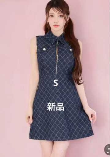 완판 카라 부착 프론트 지퍼 데님 체크 A라인 미니 드레스 데이지 스토어