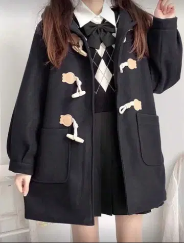 블랙 더플 코트 후드 부착