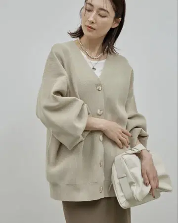 골지 가디건 리브 베이지 버튼 가디건