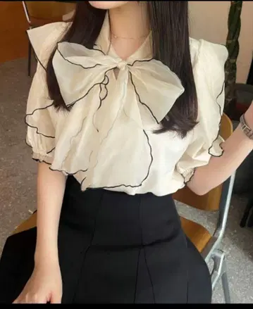 JUNOAH 블라우스 셔츠 시어 프릴 리본 블라우스 여성용