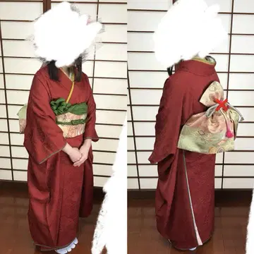 기모노 후리소데 빨간색 원단 패턴 나비 일식