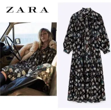ZARA 꽃무늬 페이즐리 올 패턴 메탈릭 보타이 맥시 원피스 L