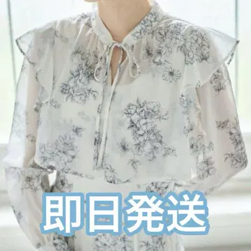 리본 장식 요크 프릴 수채화 플라워 프린트 플리츠 원피스 아이보리