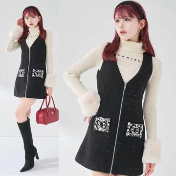 다리치 프론트 지퍼 트위드 미니 원피스
