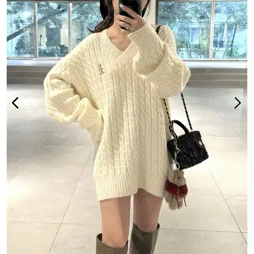 LILY BROWN Lily Bear 케이블 니트 미니 원피스 화이트