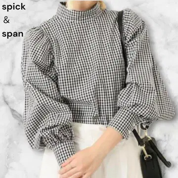 새상품급 spick&span 블라우스 스탠드 카라 체크 벌룬 슬리브