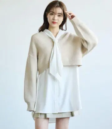 리본 포함 가디건 셔츠 드레스