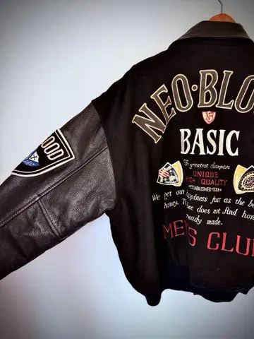 매우 멋진 NEO BLOOD 소매 천연 가죽 바시티 자켓 블랙