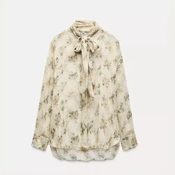 ZARA 꽃무늬 리본 포함 긴팔 블라우스 XS