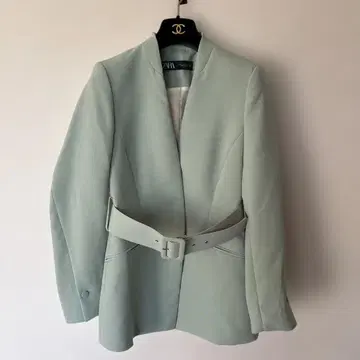 ZARA 민트 그린 노카라 자켓 벨트 포함