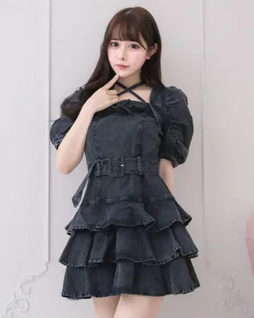 pium 피윰 티어드 프릴 미니 원피스 데님 데님 원피스 양산형
