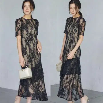 택 포함 미사용 LADY 레이스 티어드 원피스 러그 문 M 블랙
