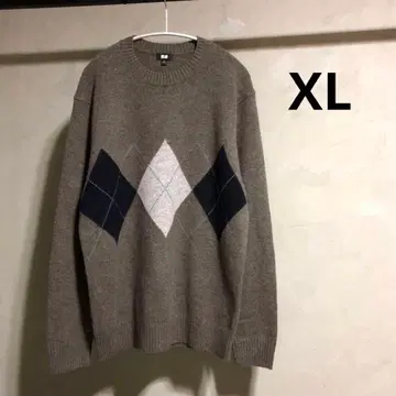 새상품급 유니클로 프리미엄 라무 크루넥 스웨터 아가일 브라운 XL