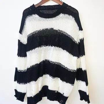 화이트 블랙 보더 무늬 그런지 니트 펑크 스타일 데미지 가공