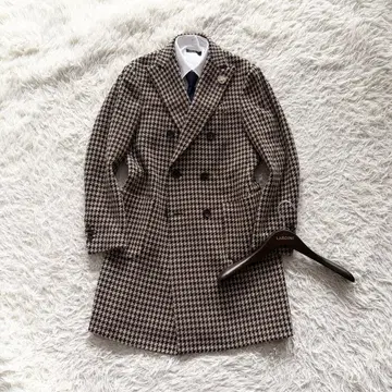 [컨디션 최상] LARDINI 브라운 체크 울 더블 체스터 코트 46