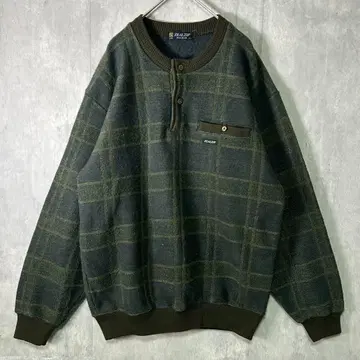 헨리넥 빈티지 니트 일본제 그린 L 하프 버튼 속기모