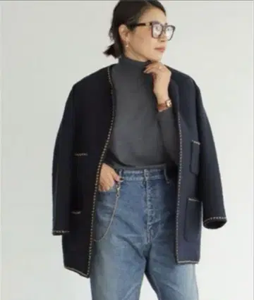 Deuxieme Classe 체인 트위드 자켓 네이비