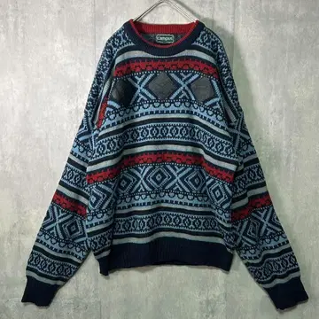 가죽 트리밍 올 패턴 니트 스웨터 빈티지 90s