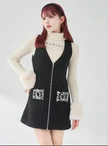 다리치 프론트 지퍼 트위드 미니 원피스