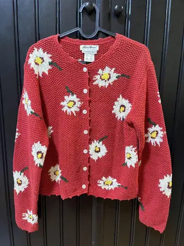 90s 에디 바우어 꽃무늬 코튼 패턴 니트 가디건 핸드메이드 XS 사이즈