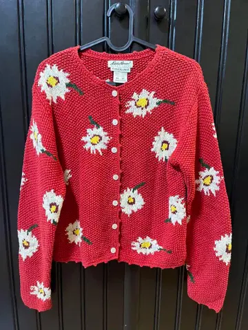 90s 에디 바우어 꽃무늬 코튼 패턴 니트 가디건 핸드메이드 XS 사이즈