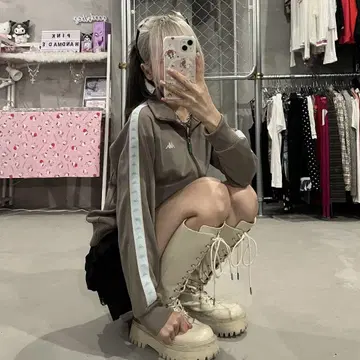 Kappa 트랙 자켓 저지 베이지 암 라인 짧은 기장