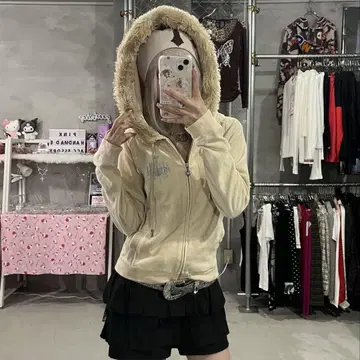 Y2K 갸루 벨로아 집업 후드티 벨벳 볼륨 퍼