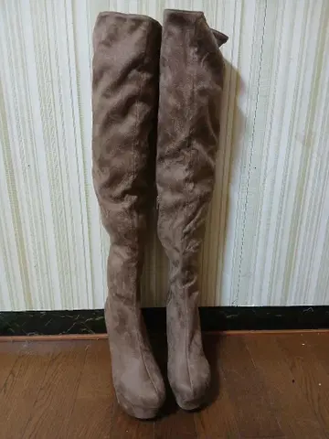 베이지 니하이 부츠 하이힐