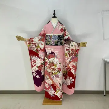 후리소데 풀세트 7점 세트 복숭아색 대소 벚꽃 순수 실크 새상품급