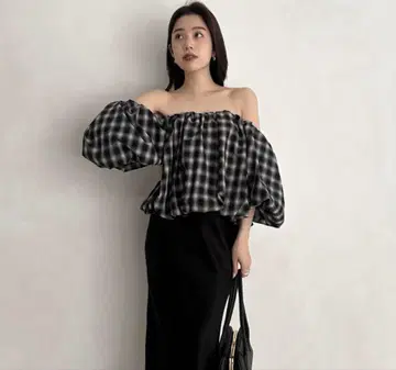 anuans 볼륨 벌룬 체크 무늬 상의