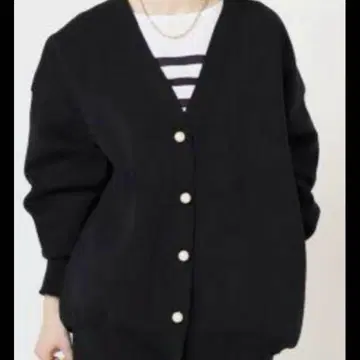 이에나 펄 버튼 밀라노 리브 V넥 가디건 블랙