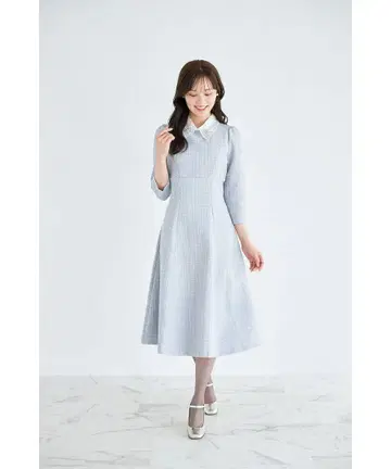 레이스 카라 부착 백 레이스업 트위드 원피스