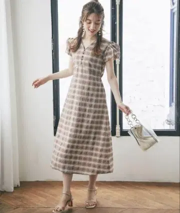 톡코 럭스 허리 리본 스칼라 넥 원피스 체크 무늬