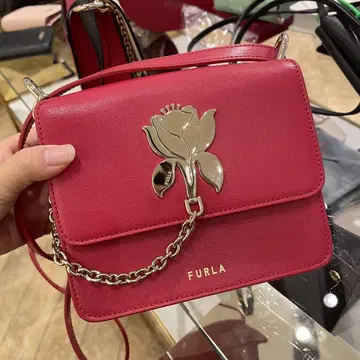 한정판 FURLA 빨간색 숄더백 꽃 모티브 튜베로즈