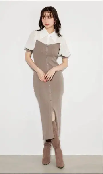 브라운 니트 원피스 반팔 퍼프 슬리브