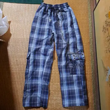 체크 무늬 바지 지뢰계 십자가 블루 파랑 스카이블루