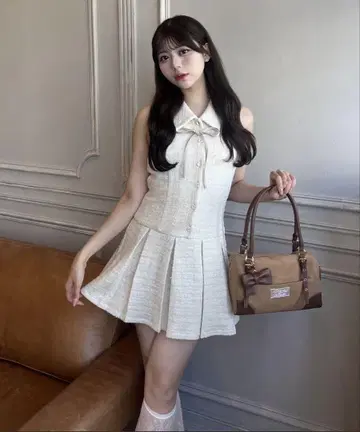 OLIVE des OLIVE 슬리브리스 셔츠 미니 원피스 트위드 화이트