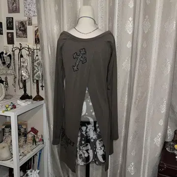 롱 기장 T셔츠 카키 해골 스컬 페어리 그런지 y2k 십자가