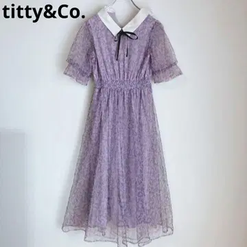 티티앤코 반팔 원피스 레이스 옷깃 리본 꽃무늬 걸리시 퍼플