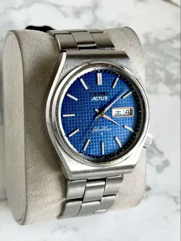 SEIKO 액타스 실버 웨이브 빈티지 손목시계 블루 하운드투스 패턴