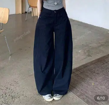 배럴 레그 팬츠풍 네이비 S 면 소재 폴리에스테르 혼방 루즈핏