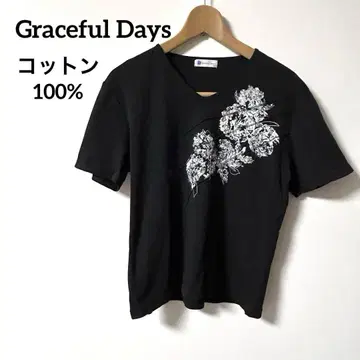 Graceful Days 꽃무늬 자수 V넥 면 100% 티셔츠