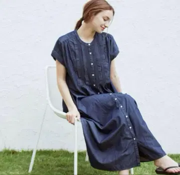 서니 라벨 데님 핀턱 요크 프렌치 원피스