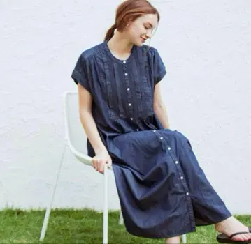 서니 라벨 데님 핀턱 요크 프렌치 원피스