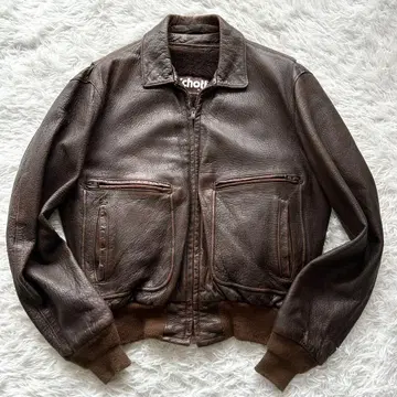 레어 2XL 샷 가죽 자켓 블루종 보아 라이너 브라운 주름 가죽