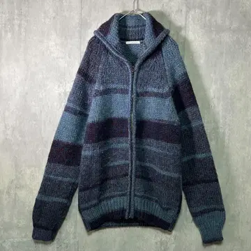 이탈리아제 집업 니트 로우 게이지 블루 계열 볼륨 옷깃 아카이브