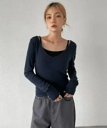 BLACKUP 위저 V넥 레이어드 긴팔 티셔츠