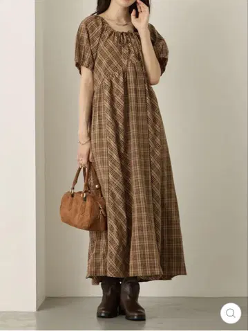 honono 퍼프 슬리브 체크 원피스 brown M 사이즈