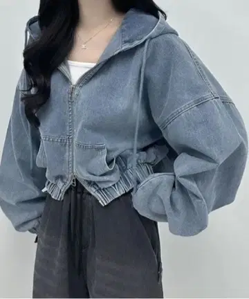 SHEENA 더블 지퍼 데님 후드티 블루종